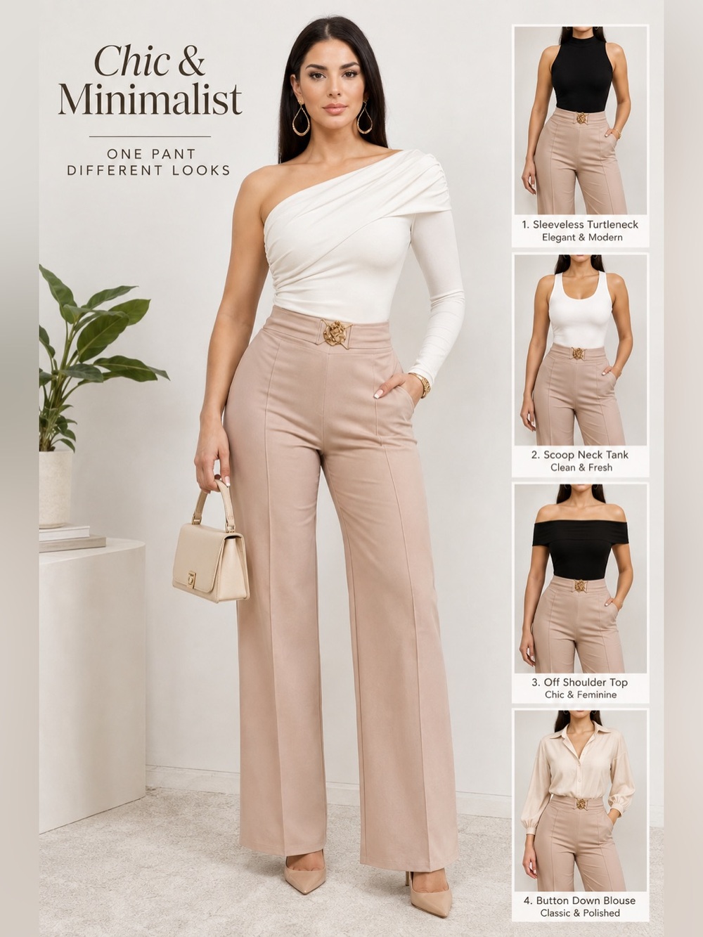 High-Rise Wide-Leg Pants in Light Beige
